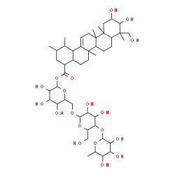 ChemSpider 2D Image | 6-Deoxyhexopyranosyl-(1->4)hexopyranosyl-(1->6)-1-O-{[10,11-dihydroxy-9-(hydroxymethyl)-1,2,6a,9,12a,12b-hexamethyl-1,2,3,4,4a,5,6,6a,6b,7,8,8a,9,10,11,12,12a,12b,13,14b-icosahydro-4-picenyl]carbonyl}
hexopyranose | C48H78O19