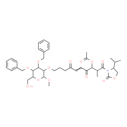 ChemSpider 2D Image | Methyl 2-O-[8-acetoxy-10-(4-isopropyl-2-oxo-1,3-oxazolidin-3-yl)-9-methyl-4,7,10-trioxo-5-decen-1-yl]-3,4-di-O-benzylhexopyranoside | C40H51NO13