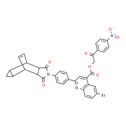 ChemSpider 2D Image | 2-(4-Nitrophenyl)-2-oxoethyl 6-bromo-2-[4-(3,5-dioxo-4-azatetracyclo[5.3.2.0~2,6~.0~8,10~]dodec-11-en-4-yl)phenyl]-4-quinolinecarboxylate | C35H24BrN3O7