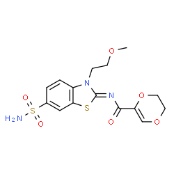 ChemSpider 2D Image | N-[(2Z)-3-(2-Methoxyethyl)-6-sulfamoyl-1,3-benzothiazol-2(3H)-ylidene]-5,6-dihydro-1,4-dioxine-2-carboxamide | C15H17N3O6S2