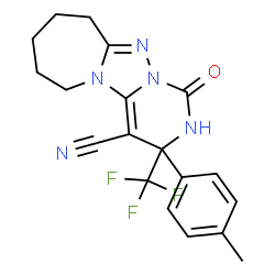 ChemSpider 2D Image | 3-(4-Methylphenyl)-1-oxo-3-(trifluoromethyl)-2,3,7,8,9,10-hexahydro-1H,6H-pyrimido[1',6':1,5][1,2,4]triazolo[4,3-a]azepine-4-carbonitrile | C19H18F3N5O