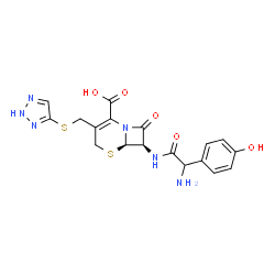 ChemSpider 2D Image | (6R,7R)-7-{[Amino(4-hydroxyphenyl)acetyl]amino}-8-oxo-3-[(2H-1,2,3-triazol-4-ylsulfanyl)methyl]-5-thia-1-azabicyclo[4.2.0]oct-2-ene-2-carboxylic acid | C18H18N6O5S2