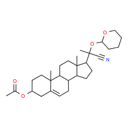 ChemSpider 2D Image | 17-[1-Cyano-1-(tetrahydro-2H-pyran-2-yloxy)ethyl]-10,13-dimethyl-2,3,4,7,8,9,10,11,12,13,14,15,16,17-tetradecahydro-1H-cyclopenta[a]phenanthren-3-yl acetate | C29H43NO4