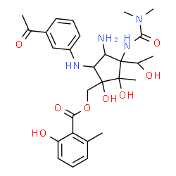 ChemSpider 2D Image | {5-[(3-Acetylphenyl)amino]-4-amino-3-[(dimethylcarbamoyl)amino]-1,2-dihydroxy-3-(1-hydroxyethyl)-2-methylcyclopentyl}methyl 2-hydroxy-6-methylbenzoate | C28H38N4O8