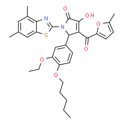 ChemSpider 2D Image | 1-(4,6-Dimethyl-1,3-benzothiazol-2-yl)-5-[3-ethoxy-4-(pentyloxy)phenyl]-3-hydroxy-4-(5-methyl-2-furoyl)-1,5-dihydro-2H-pyrrol-2-one | C32H34N2O6S