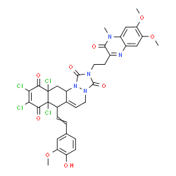 ChemSpider 2D Image | 7a,9,10,11a-Tetrachloro-2-[2-(6,7-dimethoxy-4-methyl-3-oxo-3,4-dihydro-2-quinoxalinyl)ethyl]-7-[2-(4-hydroxy-3-methoxyphenyl)vinyl]-5,7,7a,11a,12,12a-hexahydro-1H-benzo[g][1,2,4]triazolo[1,2-a]cinnoli
ne-1,3,8,11(2H)-tetrone | C36H31Cl4N5O9