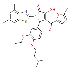 ChemSpider 2D Image | 1-(4,6-Dimethyl-1,3-benzothiazol-2-yl)-5-[3-ethoxy-4-(3-methylbutoxy)phenyl]-3-hydroxy-4-(5-methyl-2-furoyl)-1,5-dihydro-2H-pyrrol-2-one | C32H34N2O6S