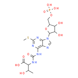 ChemSpider 2D Image | N-{[2-(Methylsulfanyl)-9-(5-O-phosphonopentofuranosyl)-9H-purin-6-yl]carbamoyl}threonine | C16H23N6O11PS