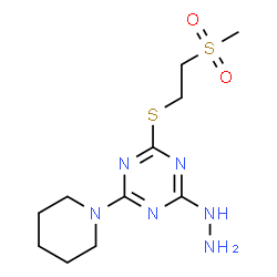 ChemSpider 2D Image | 2-Hydrazino-4-{[2-(methylsulfonyl)ethyl]sulfanyl}-6-(1-piperidinyl)-1,3,5-triazine | C11H20N6O2S2