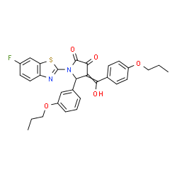 ChemSpider 2D Image | 1-(6-Fluoro-1,3-benzothiazol-2-yl)-4-[hydroxy(4-propoxyphenyl)methylene]-5-(3-propoxyphenyl)-2,3-pyrrolidinedione | C30H27FN2O5S