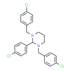 ChemSpider 2D Image | 1,3-Bis(4-chlorobenzyl)-2-(4-chlorophenyl)hexahydropyrimidine | C24H23Cl3N2