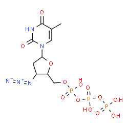 ChemSpider 2D Image | 1-[3-Azido-2,3-dideoxy-5-O-(hydroxy{[hydroxy(phosphonooxy)phosphoryl]oxy}phosphoryl)pentofuranosyl]-5-methyl-2,4(1H,3H)-pyrimidinedione | C10H17N5O13P3