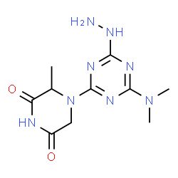 ChemSpider 2D Image | 4-[4-(Dimethylamino)-6-hydrazino-1,3,5-triazin-2-yl]-3-methyl-2,6-piperazinedione | C10H16N8O2