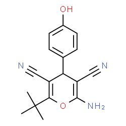 ChemSpider 2D Image | 2-Amino-4-(4-hydroxyphenyl)-6-(2-methyl-2-propanyl)-4H-pyran-3,5-dicarbonitrile | C17H17N3O2