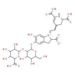 ChemSpider 2D Image | (1E)-1-[2-(2,6-Dicarboxy-2,3-dihydro-4(1H)-pyridinylidene)ethylidene]-5-[(2-O-hexopyranuronosylhexopyranosyl)oxy]-6-hydroxy-2,3-dihydro-1H-indolium-2-carboxylate | C30H34N2O19