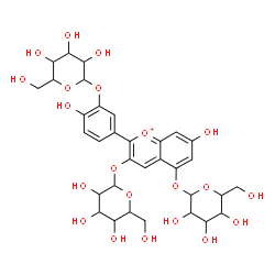 ChemSpider 2D Image | 5-[3,5-Bis(hexopyranosyloxy)-7-hydroxy-2-chromeniumyl]-2-hydroxyphenyl hexopyranoside | C33H41O21