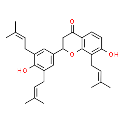 ChemSpider 2D Image | 7-Hydroxy-2-[4-hydroxy-3,5-bis(3-methyl-2-buten-1-yl)phenyl]-8-(3-methyl-2-buten-1-yl)-2,3-dihydro-4H-chromen-4-one | C30H36O4