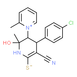 ChemSpider 2D Image | 4-(4-Chlorophenyl)-3-cyano-6-hydroxy-6-methyl-5-(2-methyl-1-pyridiniumyl)-1,4,5,6-tetrahydro-2-pyridinethiolate | C19H18ClN3OS