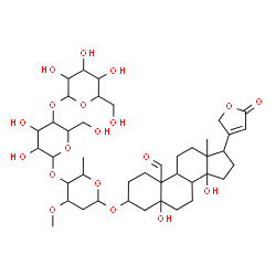 ChemSpider 2D Image | 3-{[Hexopyranosyl-(1->4)hexopyranosyl-(1->4)-2,6-dideoxy-3-O-methylhexopyranosyl]oxy}-5,14-dihydroxy-19-oxocard-20(22)-enolide | C42H64O19