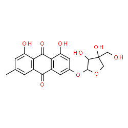 ChemSpider 2D Image | 3-{[3,4-Dihydroxy-4-(hydroxymethyl)tetrahydro-2-furanyl]oxy}-1,8-dihydroxy-6-methyl-9,10-anthraquinone | C20H18O9