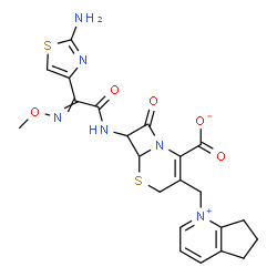 ChemSpider 2D Image | 7-{[(2-Amino-1,3-thiazol-4-yl)(methoxyimino)acetyl]amino}-3-(6,7-dihydro-5H-cyclopenta[b]pyridinium-1-ylmethyl)-8-oxo-5-thia-1-azabicyclo[4.2.0]oct-2-ene-2-carboxylate | C22H22N6O5S2
