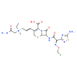 ChemSpider 2D Image | N-(2-Amino-2-oxoethyl)-3-[7-({(5-amino-1,2,4-thiadiazol-3-yl)[(fluoromethoxy)imino]acetyl}amino)-2-carboxy-8-oxo-5-thia-1-azabicyclo[4.2.0]oct-2-en-3-yl]-N-ethyl-N-methyl-2-propen-1-aminium | C20H26FN8O6S2