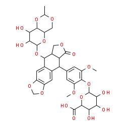ChemSpider 2D Image | 4-{9-[(4,6-O-Ethylidenehexopyranosyl)oxy]-6-oxo-5,5a,6,8,8a,9-hexahydrofuro[3',4':6,7]naphtho[2,3-d][1,3]dioxol-5-yl}-2,6-dimethoxyphenyl hexopyranosiduronic acid | C35H40O19