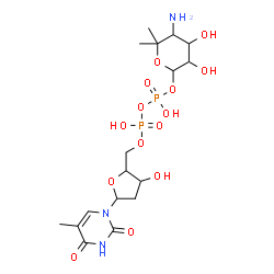 ChemSpider 2D Image | 5-Amino-3,4-dihydroxy-6,6-dimethyltetrahydro-2H-pyran-2-yl [3-hydroxy-5-(5-methyl-2,4-dioxo-3,4-dihydro-1(2H)-pyrimidinyl)tetrahydro-2-furanyl]methyl dihydrogen diphosphate | C17H29N3O14P2
