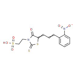 ChemSpider 2D Image | 2-{5-[3-(2-Nitrophenyl)-2-propen-1-ylidene]-4-oxo-2-thioxo-1,3-thiazolidin-3-yl}ethanesulfonic acid | C14H12N2O6S3