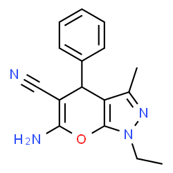ChemSpider 2D Image | 6-Amino-1-ethyl-3-methyl-4-phenyl-1,4-dihydropyrano[2,3-c]pyrazole-5-carbonitrile | C16H16N4O