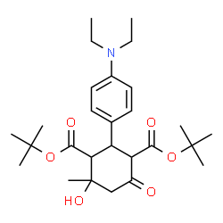 ChemSpider 2D Image | Bis(2-methyl-2-propanyl) 2-[4-(diethylamino)phenyl]-4-hydroxy-4-methyl-6-oxo-1,3-cyclohexanedicarboxylate | C27H41NO6