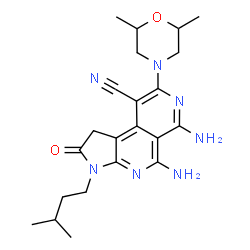 ChemSpider 2D Image | 5,6-Diamino-8-(2,6-dimethyl-4-morpholinyl)-3-(3-methylbutyl)-2-oxo-2,3-dihydro-1H-pyrrolo[2,3-c][2,7]naphthyridine-9-carbonitrile | C22H29N7O2