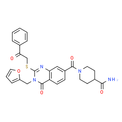 ChemSpider 2D Image | 1-({3-(2-Furylmethyl)-4-oxo-2-[(2-oxo-2-phenylethyl)sulfanyl]-3,4-dihydro-7-quinazolinyl}carbonyl)-4-piperidinecarboxamide | C28H26N4O5S