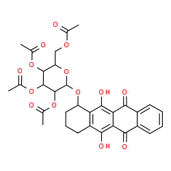 ChemSpider 2D Image | 5,12-Dihydroxy-6,11-dioxo-1,2,3,4,6,11-hexahydro-1-tetracenyl 2,3,4,6-tetra-O-acetylhexopyranoside | C32H32O14