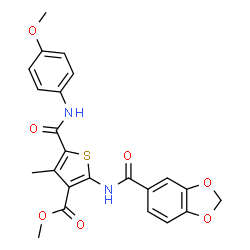 ChemSpider 2D Image | Methyl 2-[(1,3-benzodioxol-5-ylcarbonyl)amino]-5-[(4-methoxyphenyl)carbamoyl]-4-methyl-3-thiophenecarboxylate | C23H20N2O7S
