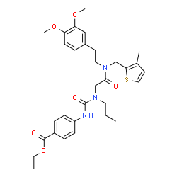ChemSpider 2D Image | Ethyl 4-{[(2-{[2-(3,4-dimethoxyphenyl)ethyl][(3-methyl-2-thienyl)methyl]amino}-2-oxoethyl)(propyl)carbamoyl]amino}benzoate | C31H39N3O6S