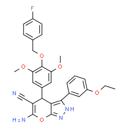 ChemSpider 2D Image | 6-Amino-3-(3-ethoxyphenyl)-4-{4-[(4-fluorobenzyl)oxy]-3,5-dimethoxyphenyl}-2,4-dihydropyrano[2,3-c]pyrazole-5-carbonitrile | C30H27FN4O5