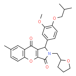 ChemSpider 2D Image | 1-(4-Isobutoxy-3-methoxyphenyl)-7-methyl-2-(tetrahydro-2-furanylmethyl)-1,2-dihydrochromeno[2,3-c]pyrrole-3,9-dione | C28H31NO6
