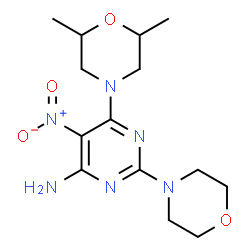 ChemSpider 2D Image | 6-(2,6-Dimethyl-4-morpholinyl)-2-(4-morpholinyl)-5-nitro-4-pyrimidinamine | C14H22N6O4