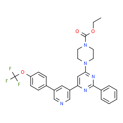 ChemSpider 2D Image | Ethyl 4-(2-phenyl-6-{5-[4-(trifluoromethoxy)phenyl]-3-pyridinyl}-4-pyrimidinyl)-1-piperazinecarboxylate | C29H26F3N5O3