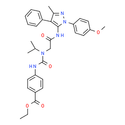 ChemSpider 2D Image | Ethyl 4-{[isopropyl(2-{[1-(4-methoxyphenyl)-3-methyl-4-phenyl-1H-pyrazol-5-yl]amino}-2-oxoethyl)carbamoyl]amino}benzoate | C32H35N5O5