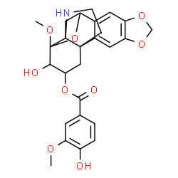 ChemSpider 2D Image | 15-Hydroxy-14-methoxy-5,7,21-trioxa-20-azahexacyclo[11.4.3.1~11,14~.0~1,13~.0~2,10~.0~4,8~]henicosa-2(10),3,8-trien-16-yl 4-hydroxy-3-methoxybenzoate | C26H27NO9
