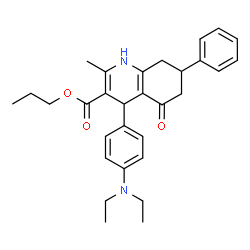 ChemSpider 2D Image | Propyl 4-[4-(diethylamino)phenyl]-2-methyl-5-oxo-7-phenyl-1,4,5,6,7,8-hexahydro-3-quinolinecarboxylate | C30H36N2O3