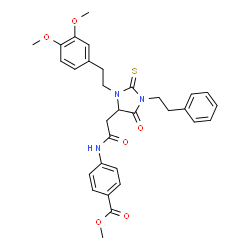 ChemSpider 2D Image | Methyl 4-[({3-[2-(3,4-dimethoxyphenyl)ethyl]-5-oxo-1-(2-phenylethyl)-2-thioxo-4-imidazolidinyl}acetyl)amino]benzoate | C31H33N3O6S
