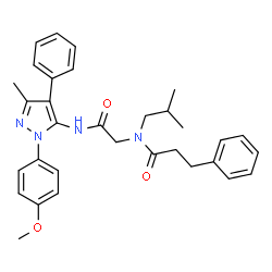 ChemSpider 2D Image | N-Isobutyl-N-(2-{[1-(4-methoxyphenyl)-3-methyl-4-phenyl-1H-pyrazol-5-yl]amino}-2-oxoethyl)-3-phenylpropanamide | C32H36N4O3