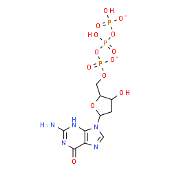 ChemSpider 2D Image | 2-Amino-9-{2-deoxy-5-O-[({hydroxy[(hydroxyphosphinato)oxy]phosphoryl}oxy)phosphinato]pentofuranosyl}-3,9-dihydro-6H-purin-6-one | C10H14N5O13P3