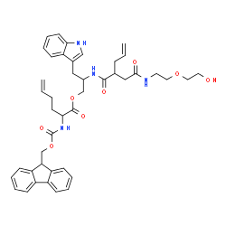 ChemSpider 2D Image | 2-{[2-(2-{[2-(2-Hydroxyethoxy)ethyl]amino}-2-oxoethyl)-4-pentenoyl]amino}-3-(1H-indol-3-yl)propyl 2-{[(9H-fluoren-9-ylmethoxy)carbonyl]amino}-5-hexenoate | C43H50N4O8