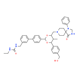 ChemSpider 2D Image | 1-Ethyl-3-[(4'-{4-[4-(hydroxymethyl)phenyl]-5-methyl-6-[(4-oxo-1-phenyl-1,3,8-triazaspiro[4.5]dec-8-yl)methyl]-1,3-dioxan-2-yl}-3-biphenylyl)methyl]urea | C42H49N5O5