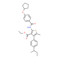 ChemSpider 2D Image | Ethyl 4-(4-sec-butylphenyl)-2-{[4-(cyclopentyloxy)benzoyl]amino}-5-methyl-3-thiophenecarboxylate | C30H35NO4S
