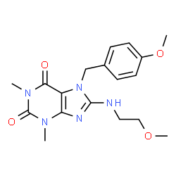 ChemSpider 2D Image | 7-(4-Methoxybenzyl)-8-[(2-methoxyethyl)amino]-1,3-dimethyl-3,7-dihydro-1H-purine-2,6-dione | C18H23N5O4